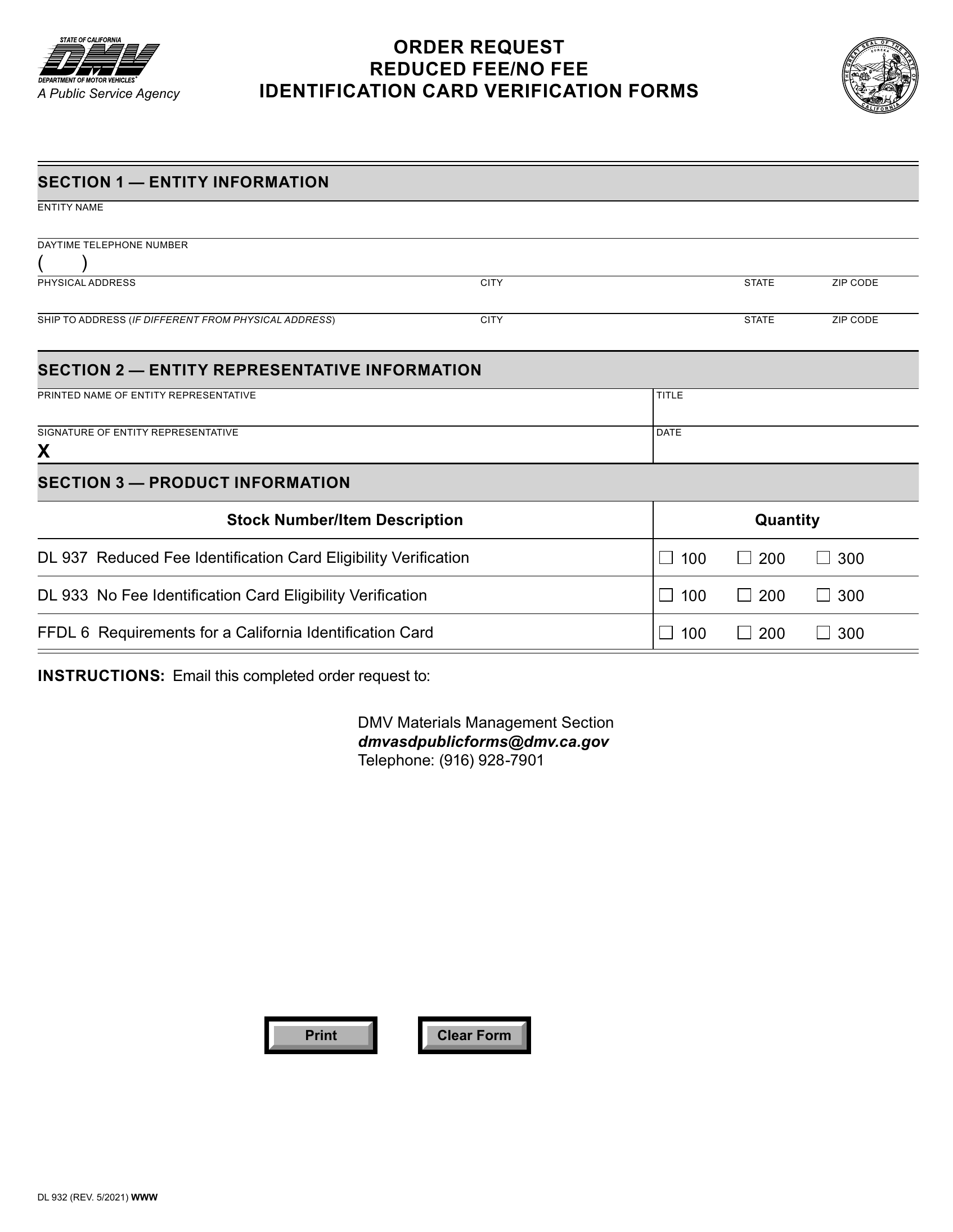 CA DMV Form DL 932 Order Request Reduced Fee Or No Fee Identification Card Program Forms Docs 2023