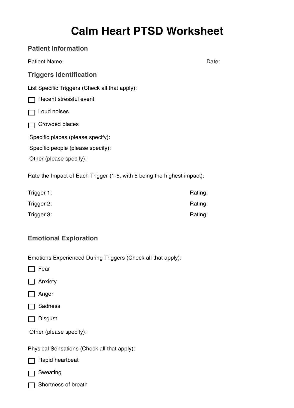 Calm Heart PTSD Worksheet Example Free PDF Download