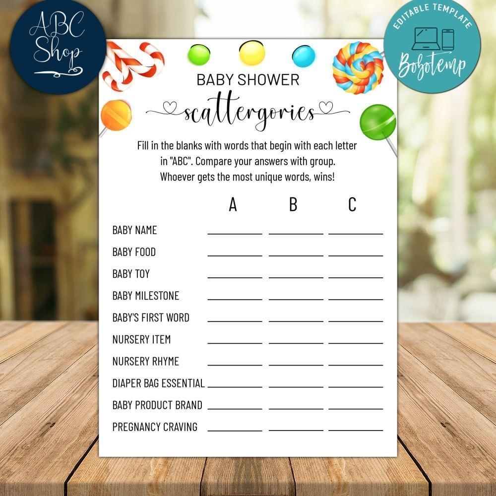 Candy Baby Scattergories Baby Shower Game Instant Download Bobotemp