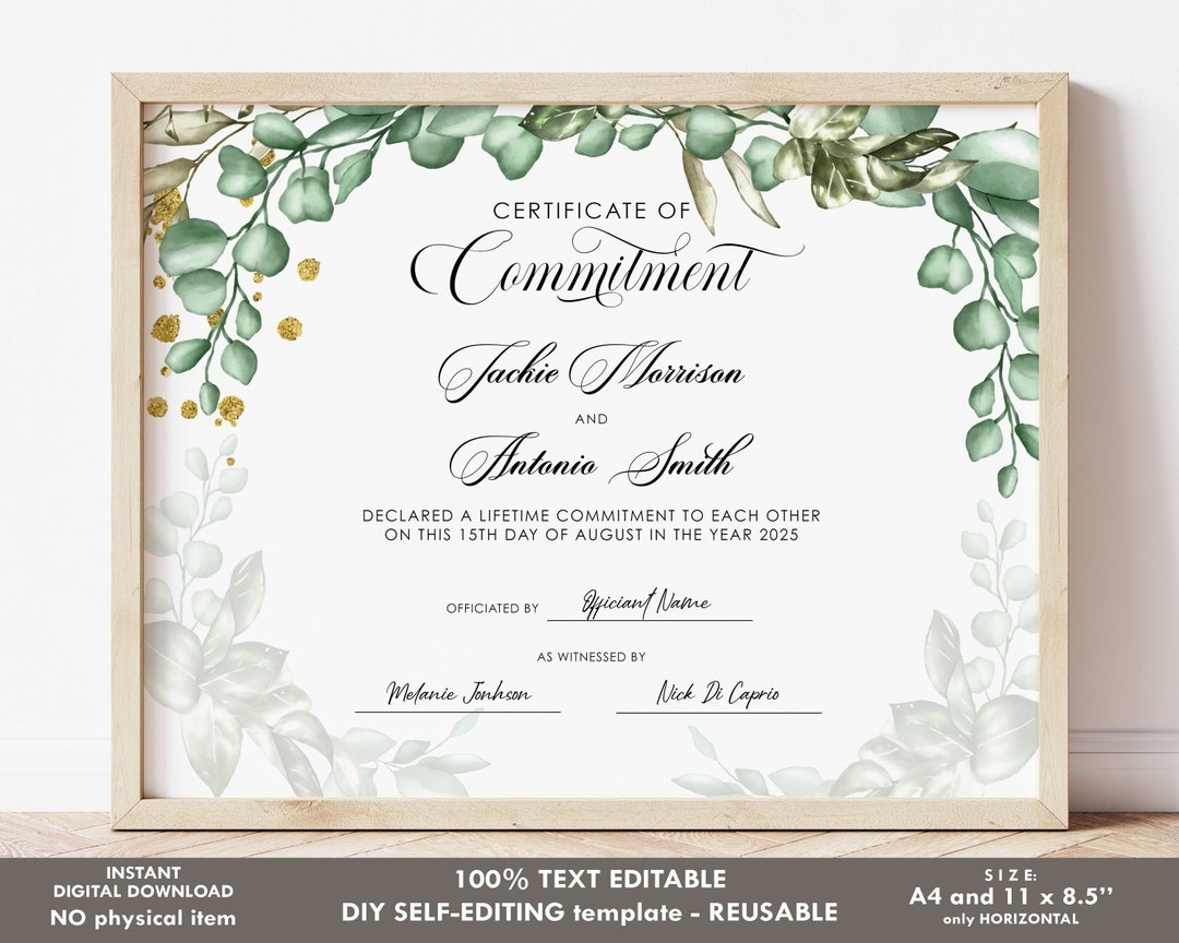 Certificate Of Commitment Editable Printable Certificate Template Wedding Gift Marriage Certificate Wedding Keepsake Download Jet050 Etsy