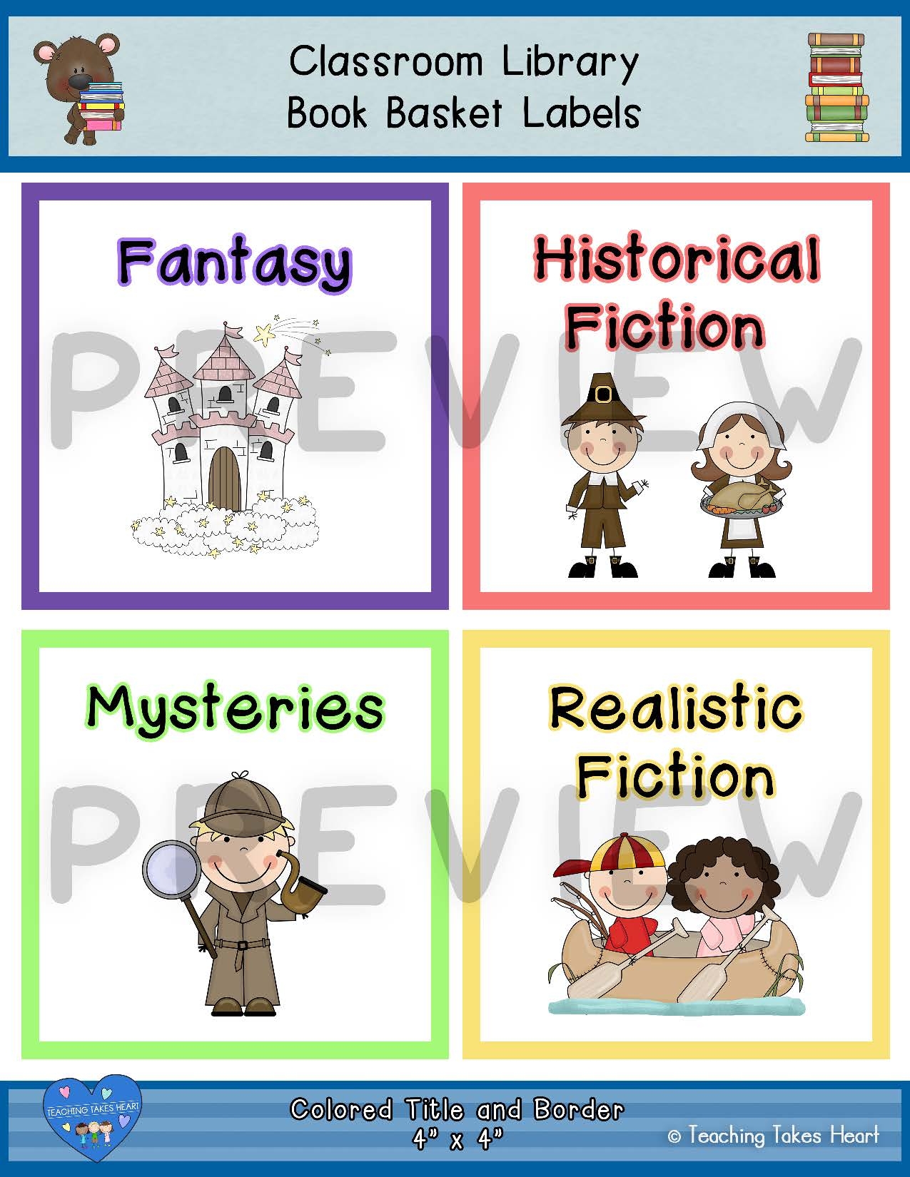 Classroom Library Book Basket Labels Colored Title And Border 4 X 4 Teaching Takes Heart