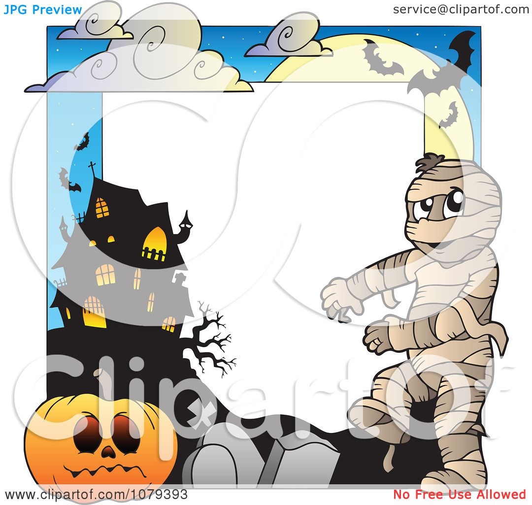Clipart Mummy Cemetery Jackolantern And Haunted House Halloween Border Royalty Free Vector Illustration By Visekart 1079393