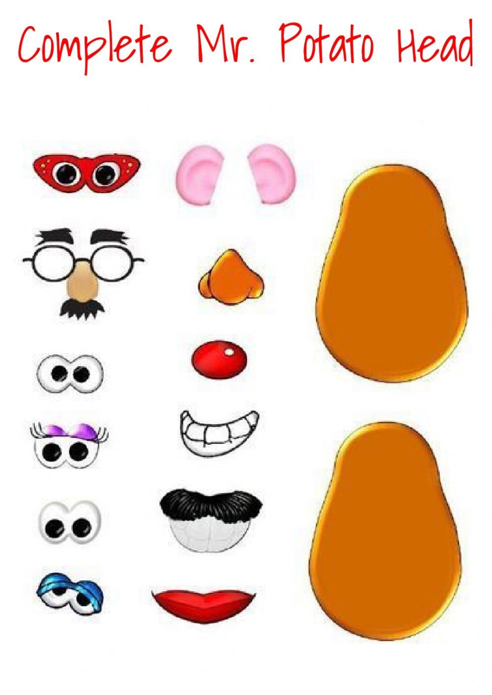 Complete Mr Potato Head Worksheet