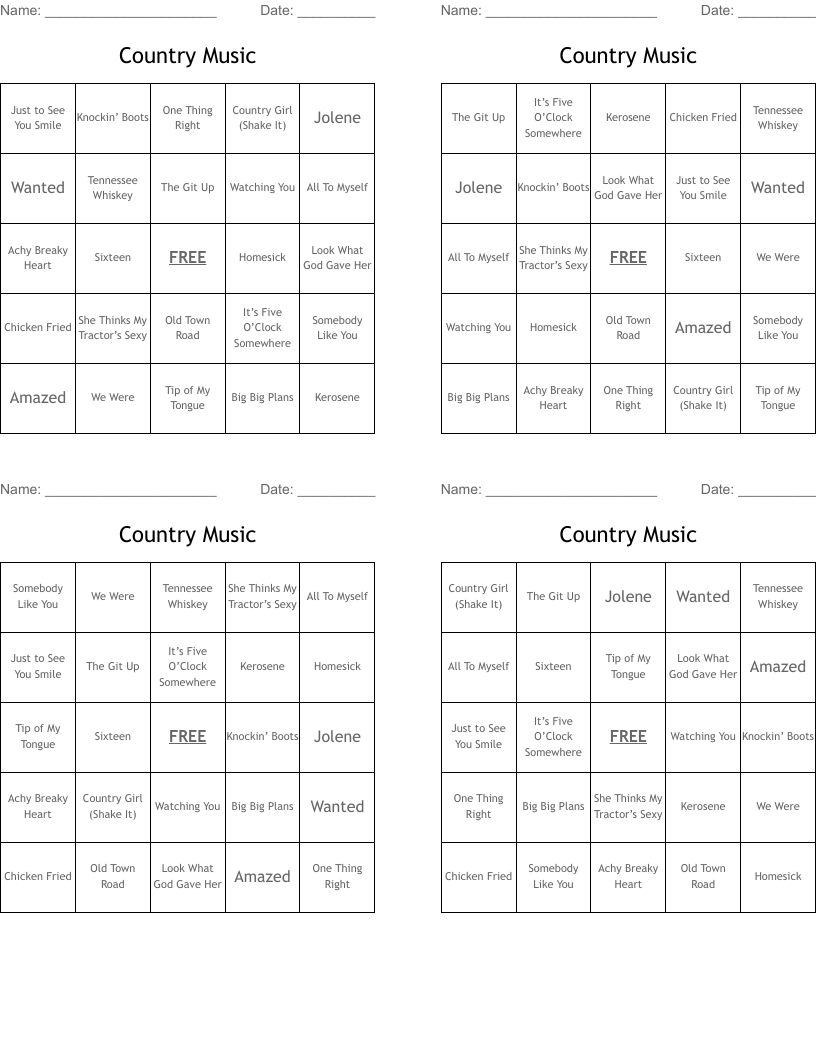 Free Music Bingo Cards Printables