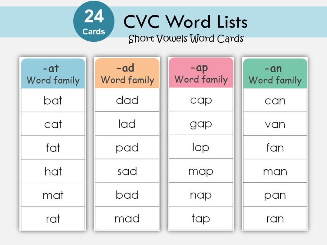 CVC Words List Printable Kindergarten Reading Phonics Cards Learn To Read Short Vowel Word Families Montessori Toddlers Activities Etsy