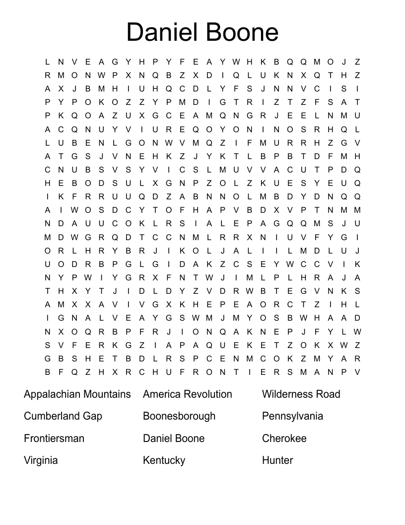 Daniel Boone Word Search WordMint