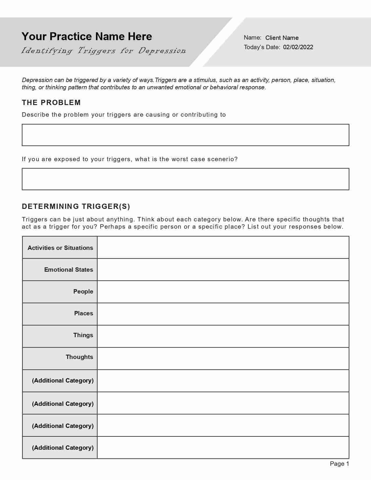 Depression Triggers Worksheet Editable Fillable Printable PDF 