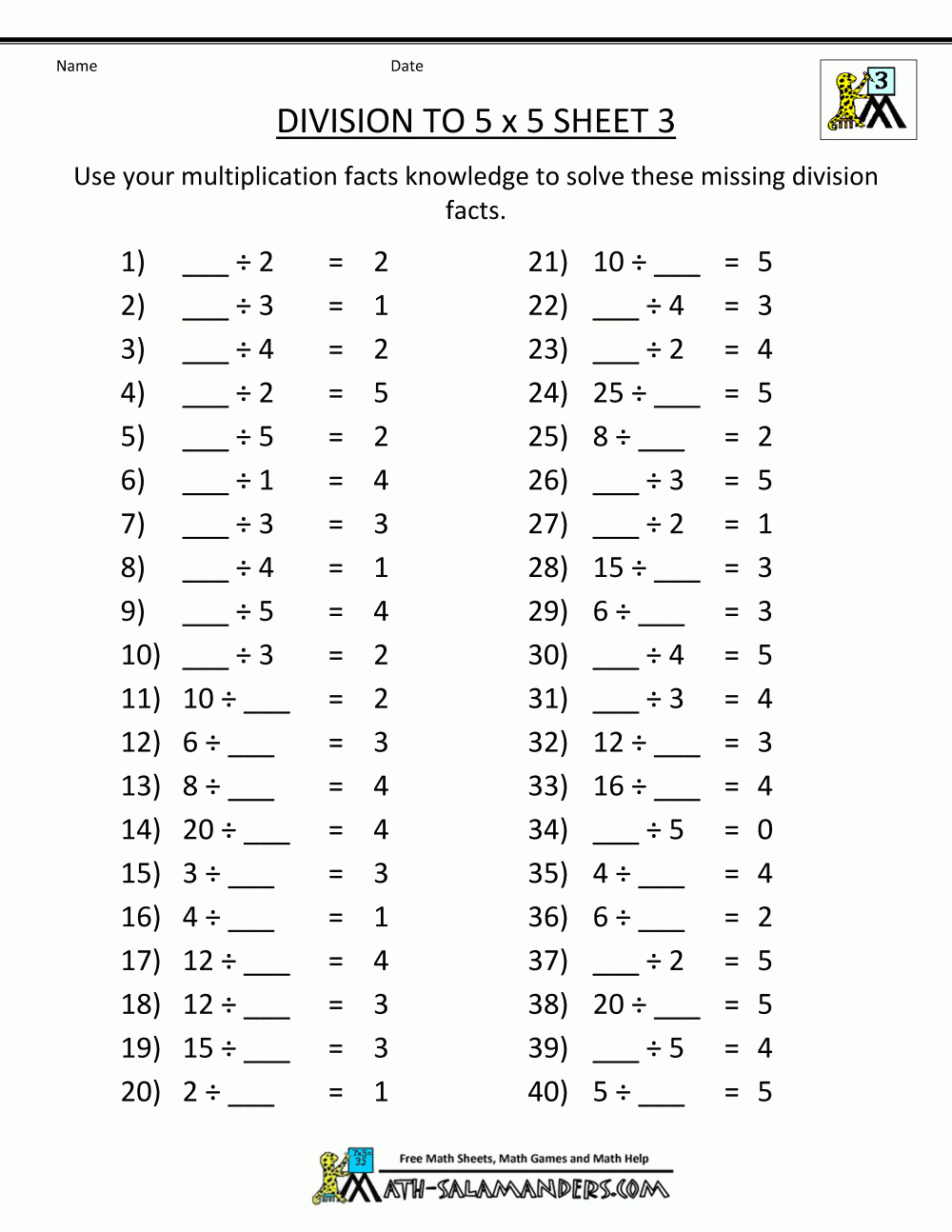 Basic Facts Worksheets Free Printable