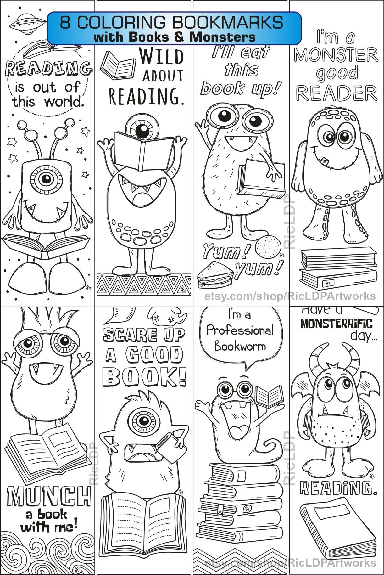 DIY Cute Monster Coloring Bookmarks For Children Little Creatures Adorable Monster Reader Sayings On Books Reading Color Your Own Etsy