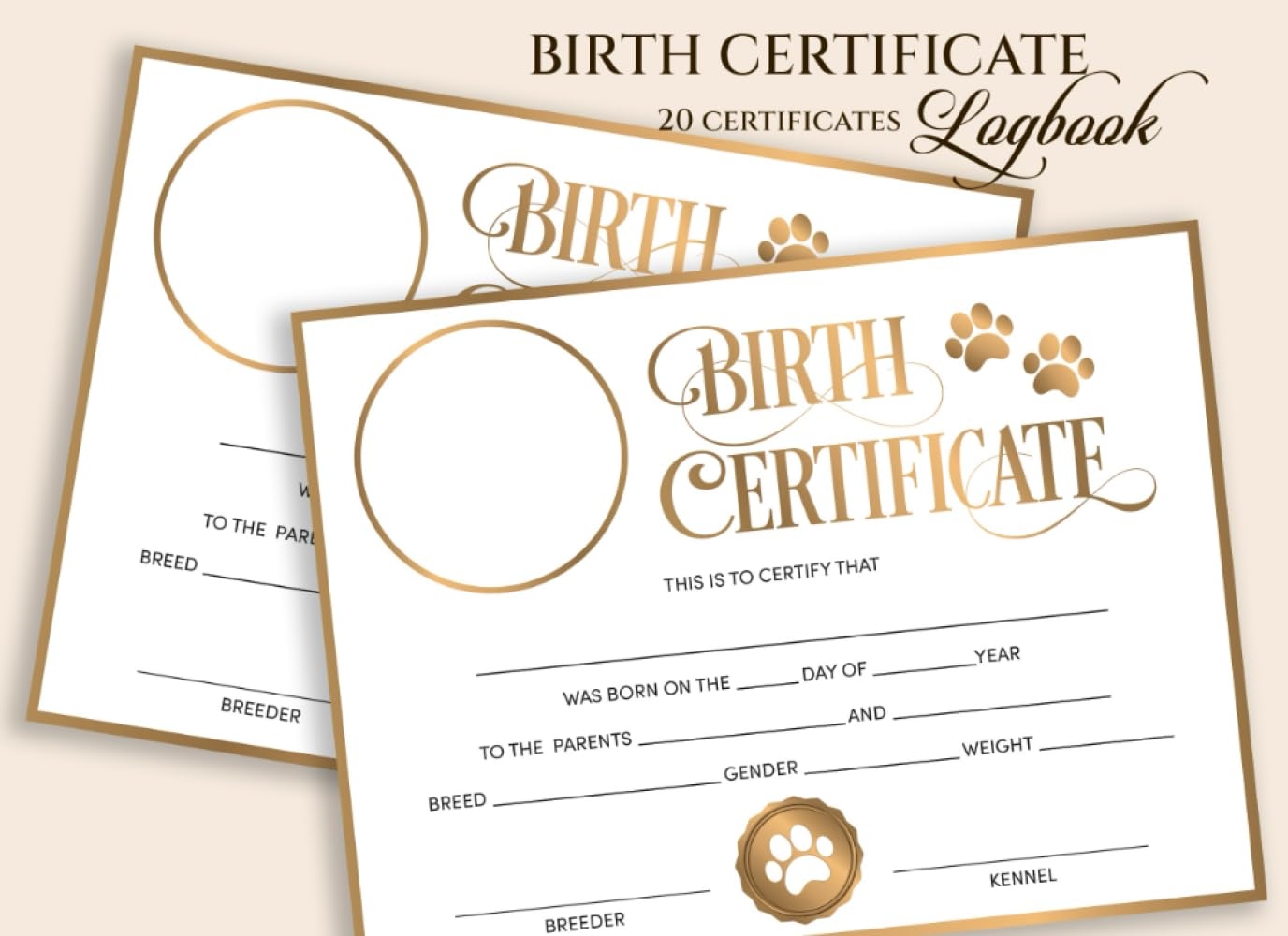 Dog Birth Certificate Logbook Newborn Puppy Birth Certificates For Dog Breeders Breeder Birth Forms 20 Full Color Premium Paper Quality 8 x6 Puppy Birth Certificate With Paw Print Design GC 