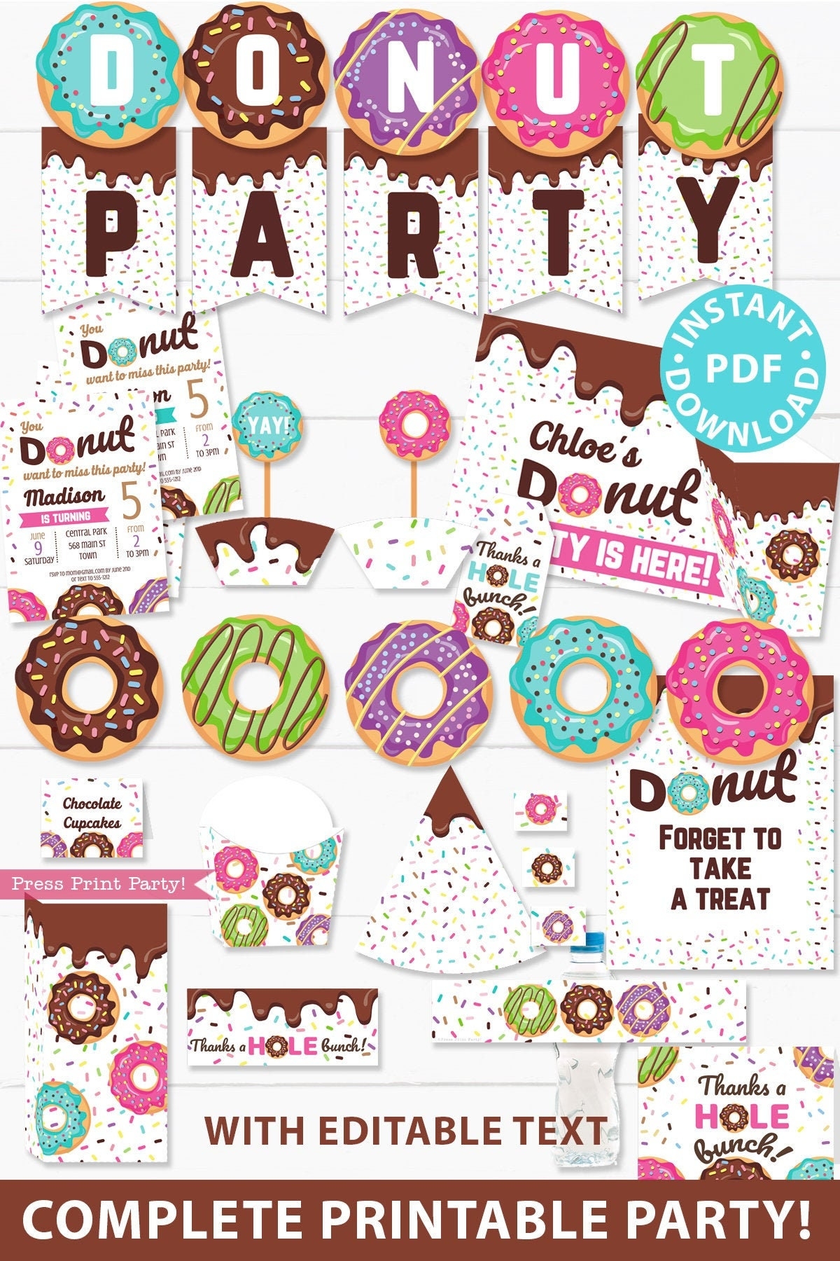 Donut Party Printable Bundle Donut Birthday Party Girl Or Boy Donut Station Decor Supplies Invitation Banner Garland INSTANT DOWNLOAD Etsy