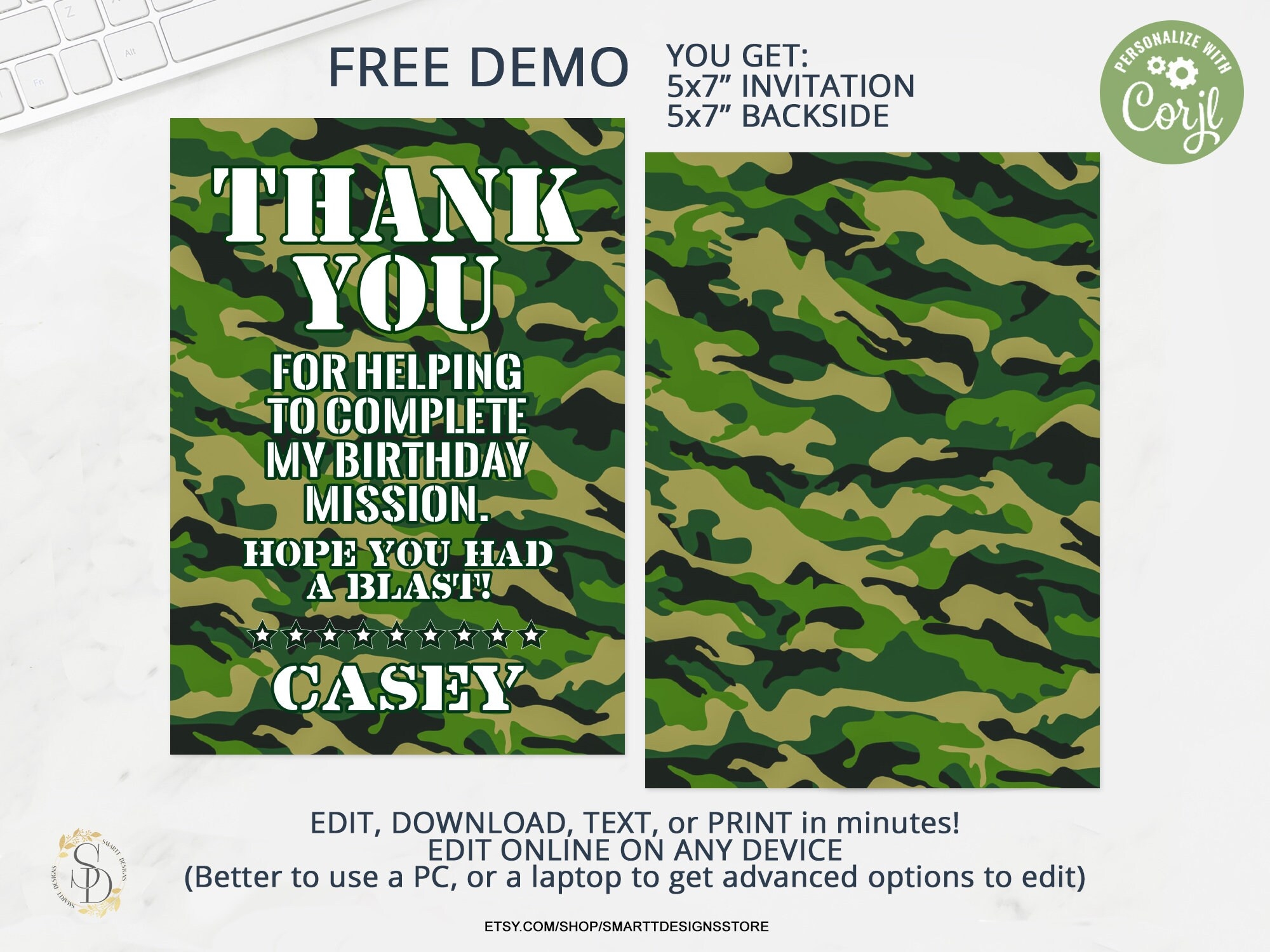 Editable Army Birthday Thank You Card Camouflage Party Thank You Note Military Design Personalized Thank You Printable Template Any Text Etsy