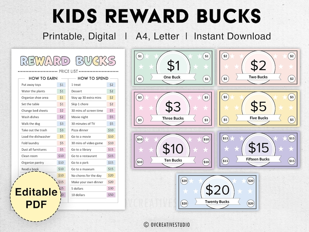 Editable Kids Reward Bucks Printable Mom Bucks PDF Reward System For Kids Chore Bucks Good Behavior Bucks Play Money Pretend Money Etsy