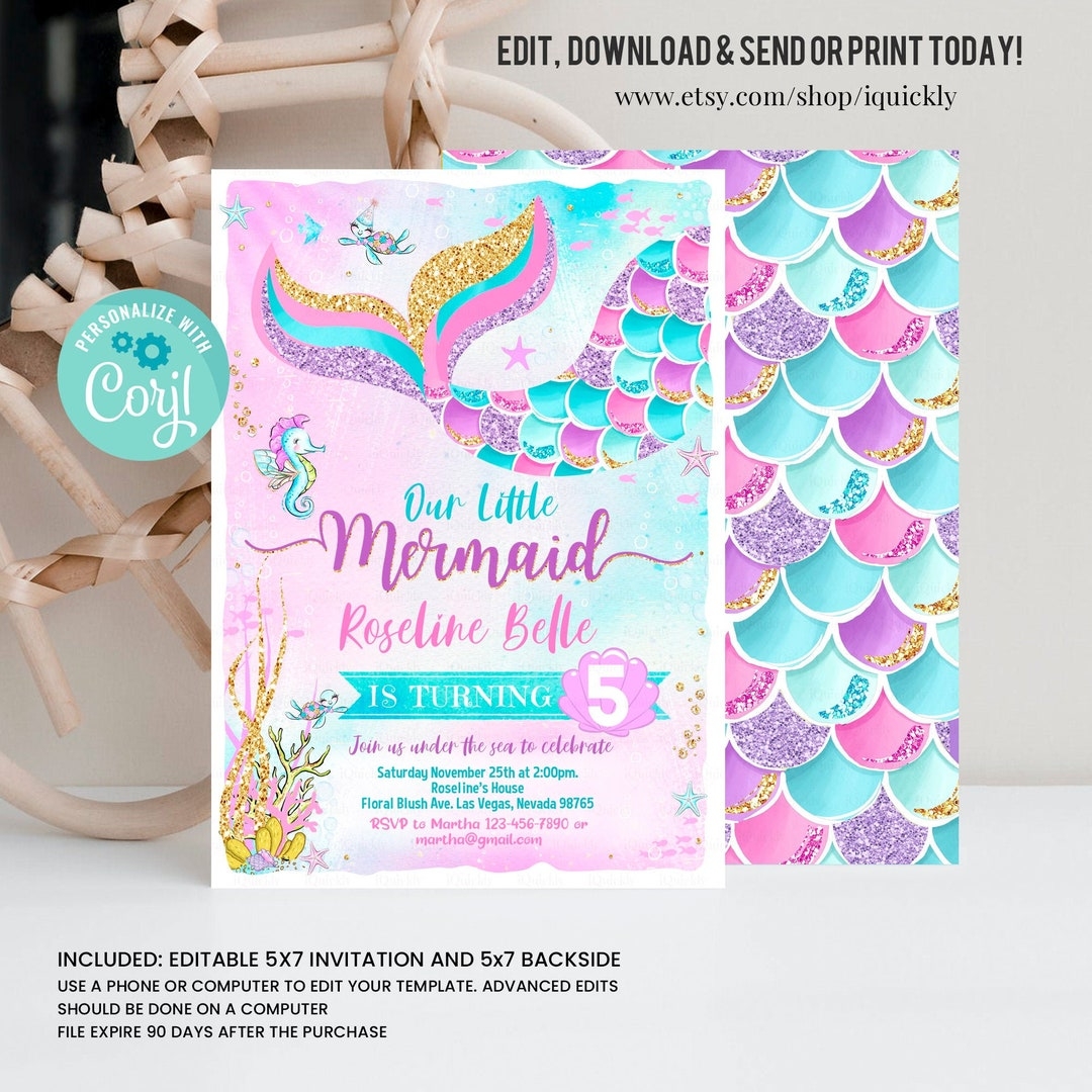 Editable Mermaid Birthday Invitation Mermaid Invite Under The Sea Birthday Party Printable Template Digital Instant Download M1 Etsy