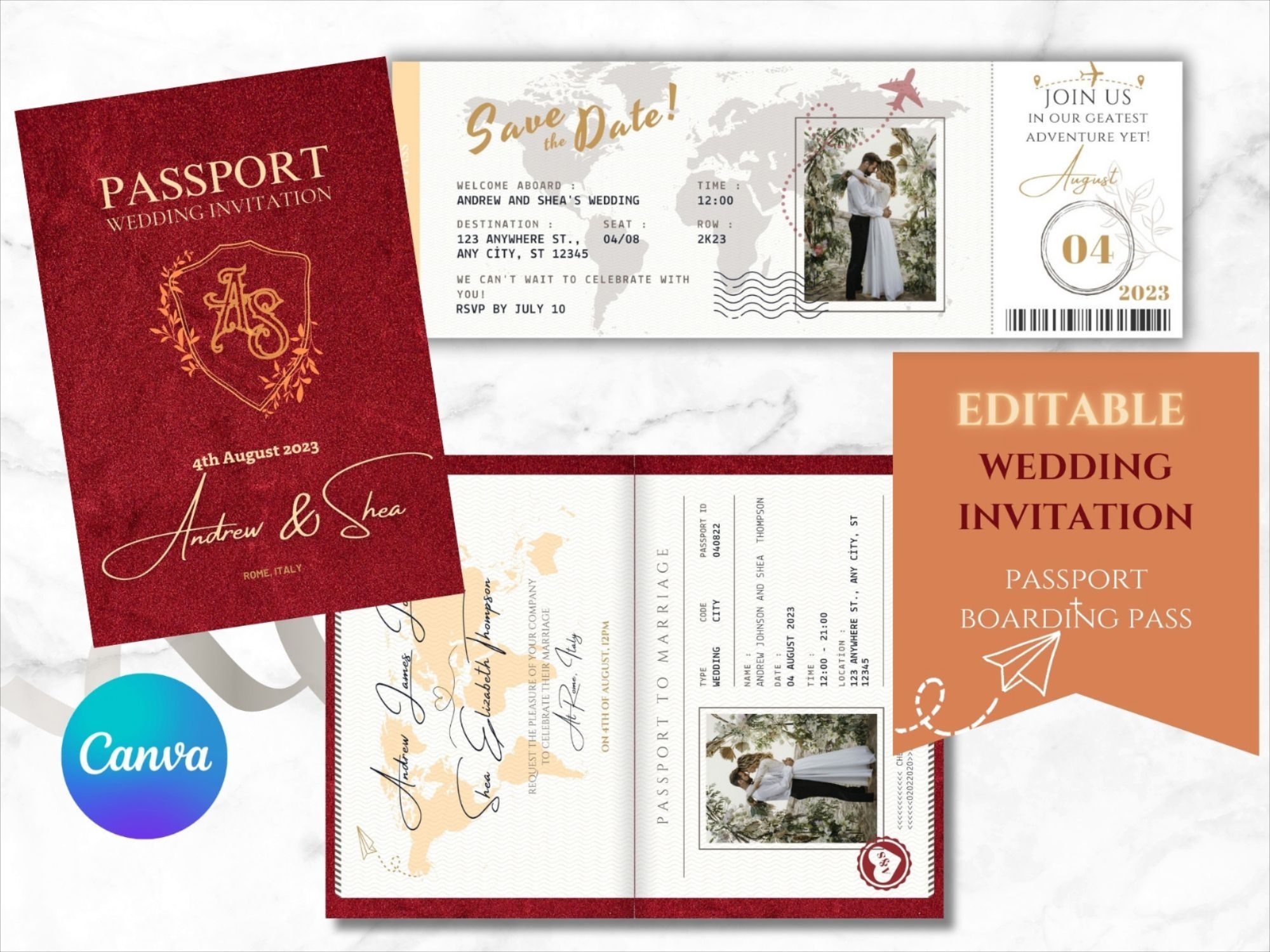 Editable Passport Wedding Invitation Template Canva 