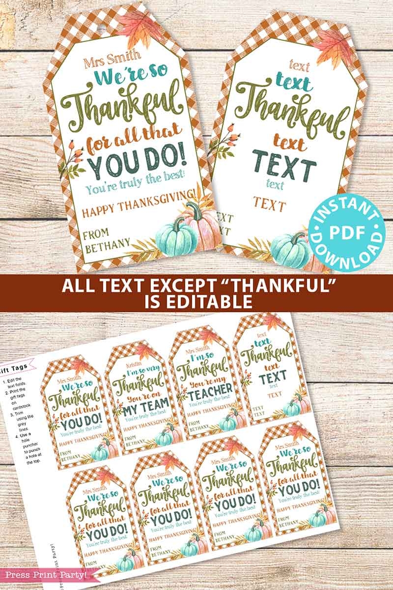 Editable Thanksgiving Gift Tags Printable Thankful Gingham Press Print Party 