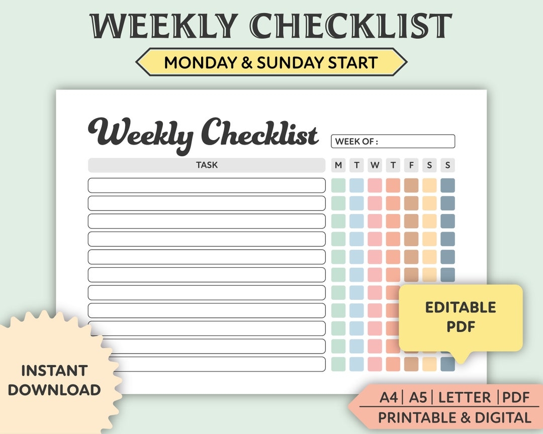 Editable Weekly Checklist Printable Weekly Planner Weekly To Do List Daily Checklist Template Chore Chart Weekly Routine Task Planner Etsy
