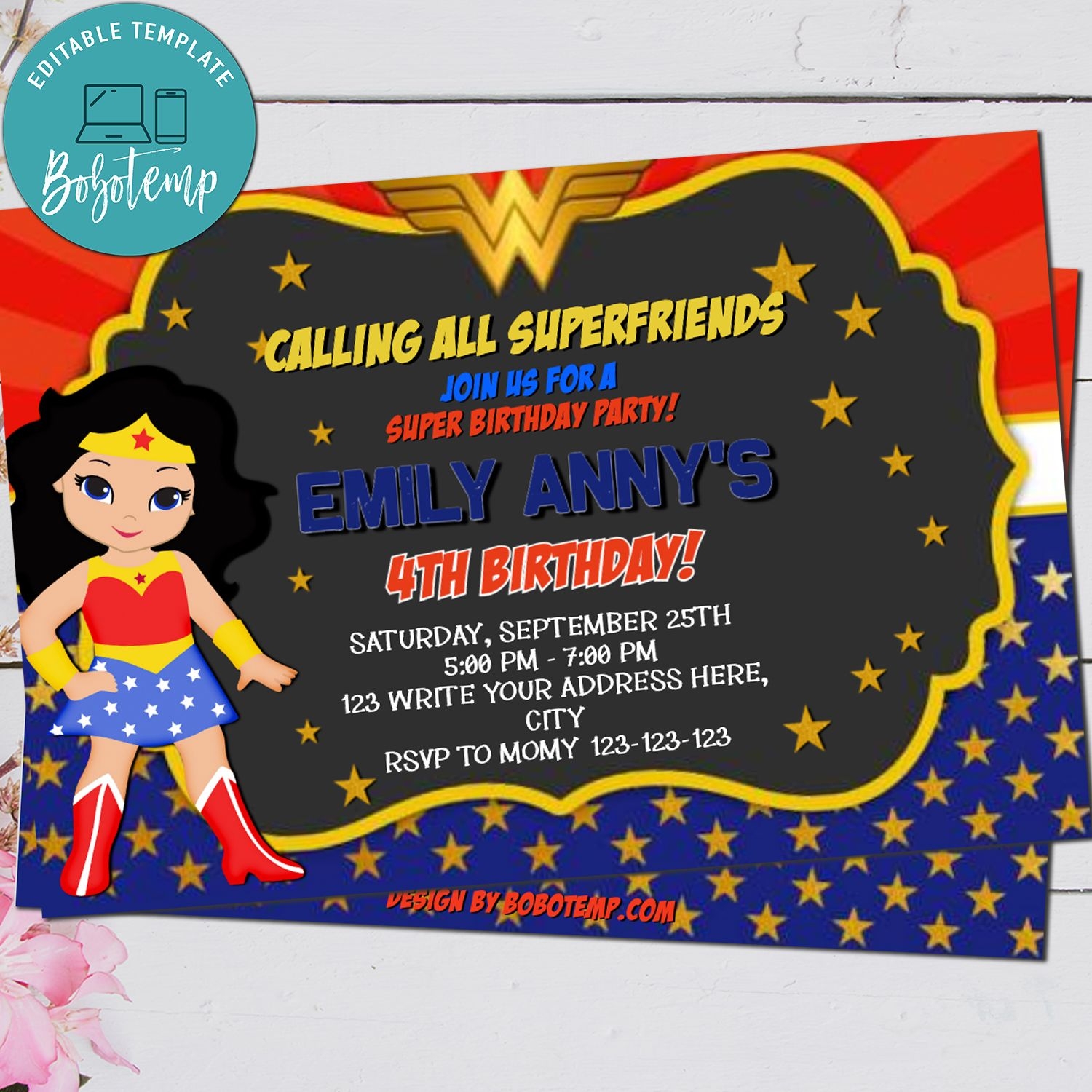 Editable Wonder Woman Cartoon Party Invitation Instant Download Bobotemp