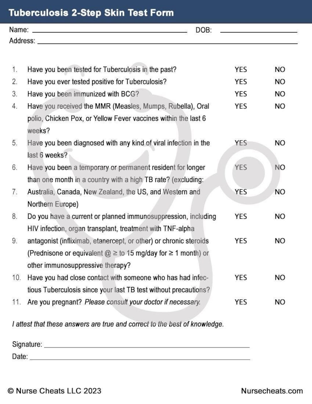 Employment 2 Step TB Tuberculosis Test Blank Printable 2 Pages Etsy