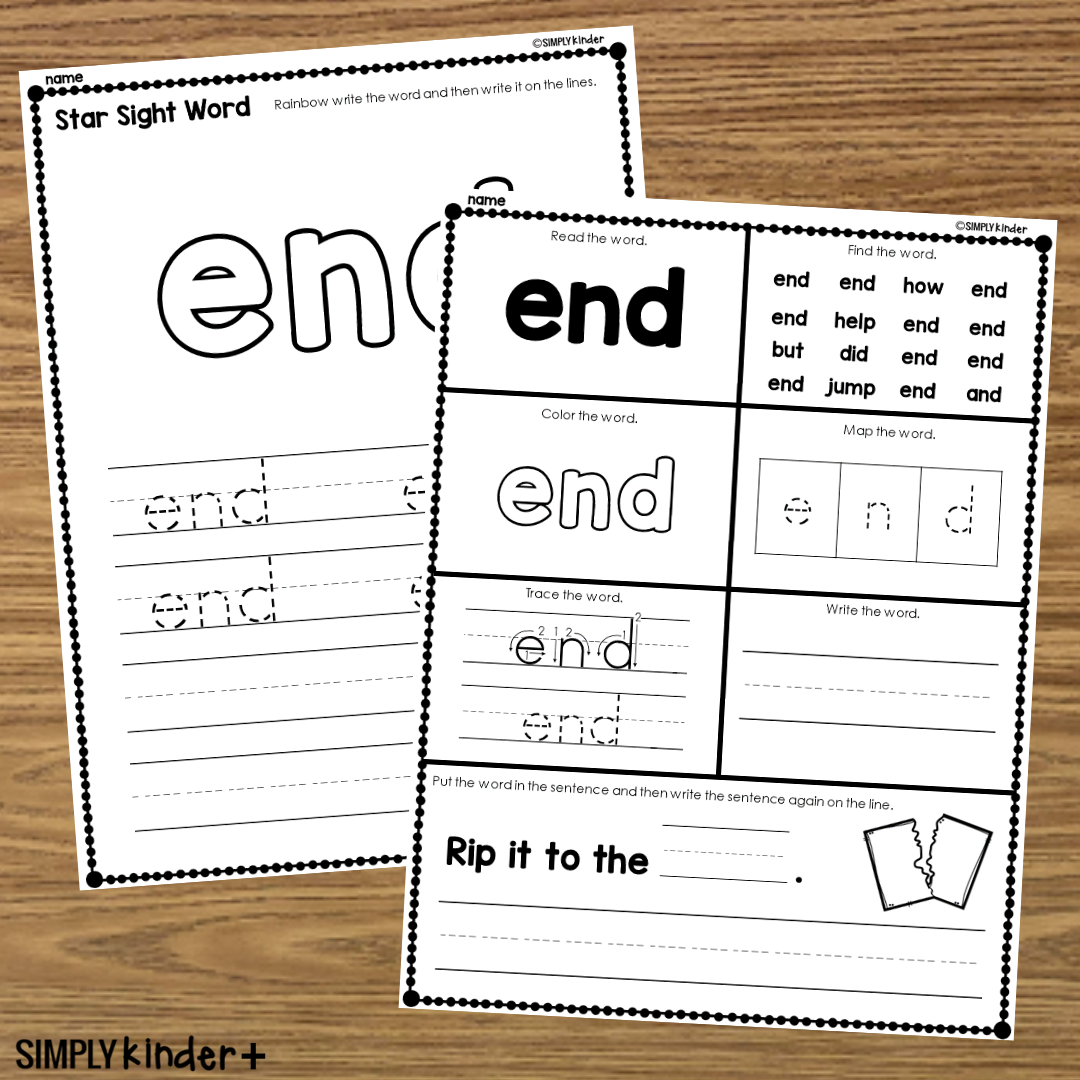 End Sight Word Printable Activities Simply Kinder Plus