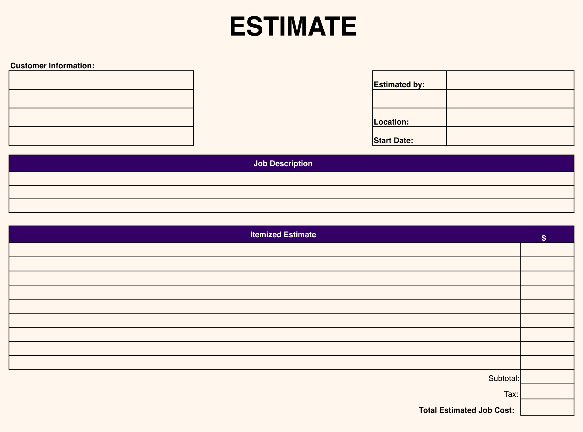 Free Printable Job Estimates