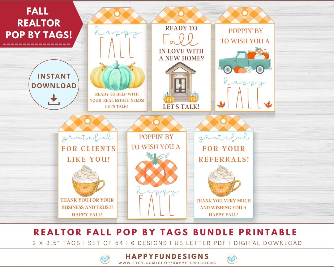 Fall Realtor Pop By Tags Printable Realtor Closing Gift Pop By Gift Referral Tag Fall In Love Tag Pumpkin Tag Realtor Marketing Bundle Etsy
