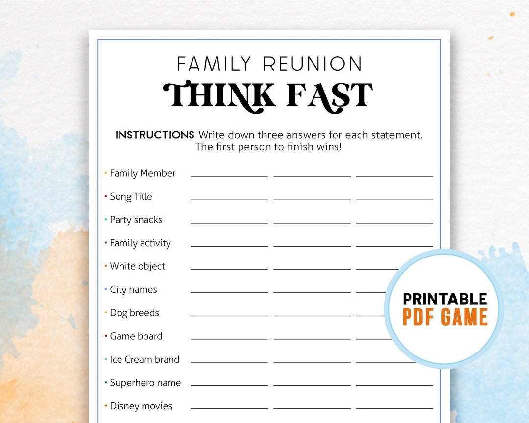 Family Reunion Think Fast Family Gathering Printable Games For Adults Teens Kids Ice Breaker Activities Digital Download Etsy