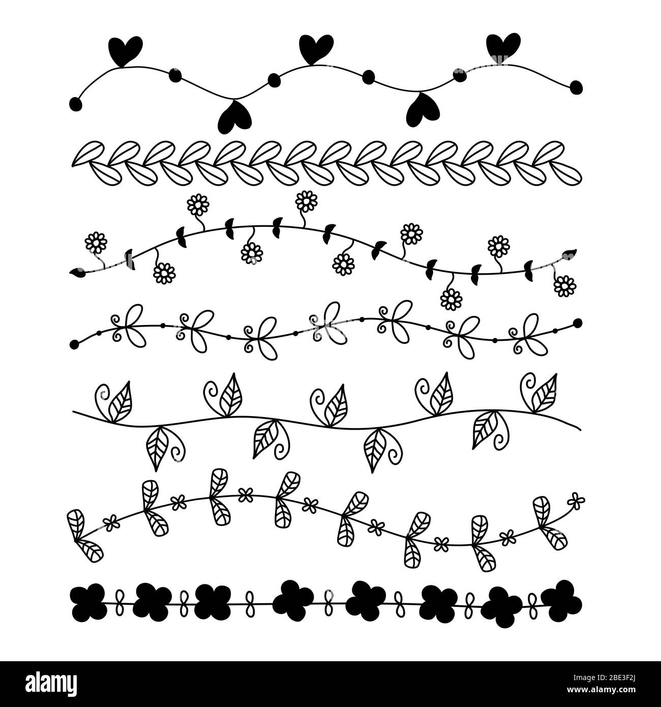 Flower Vine Leaves Hand Drawn Doodle Vector Line Border Set And Design Element Stock Vector Image Art Alamy