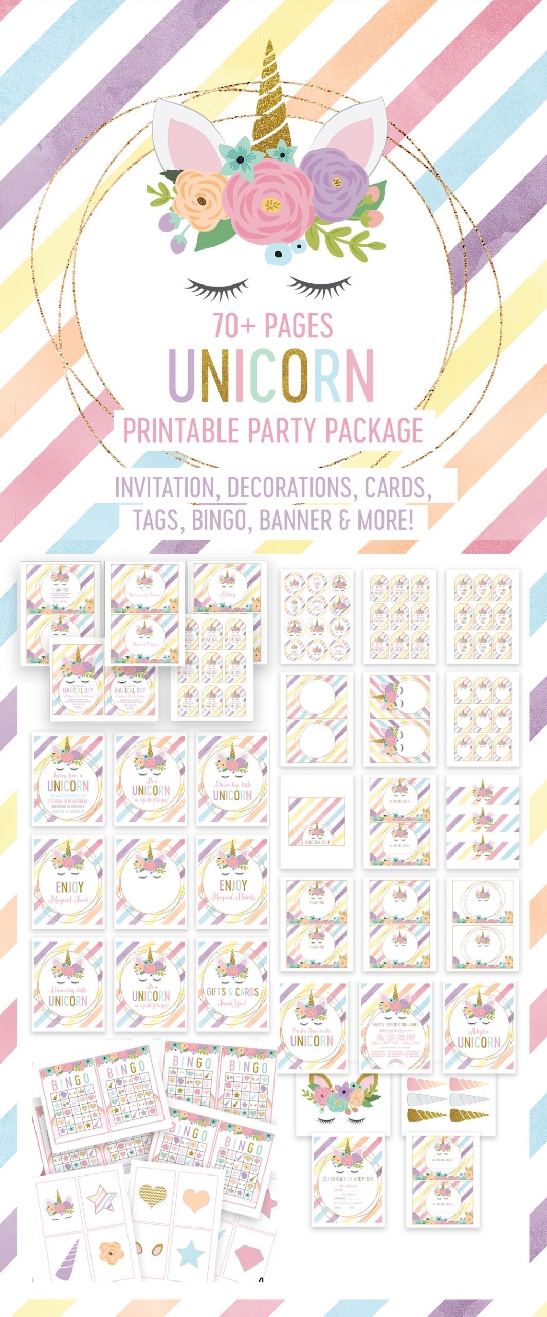 Free 70 Pages Unicorn Printable Birthday Party Bundle Instant Download Package Printable Market