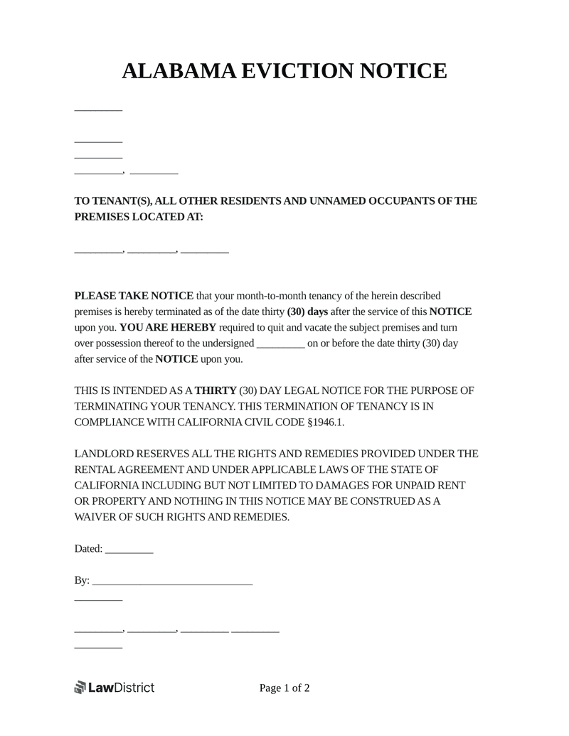 Free Alabama Eviction Notice Law Process LawDistrict
