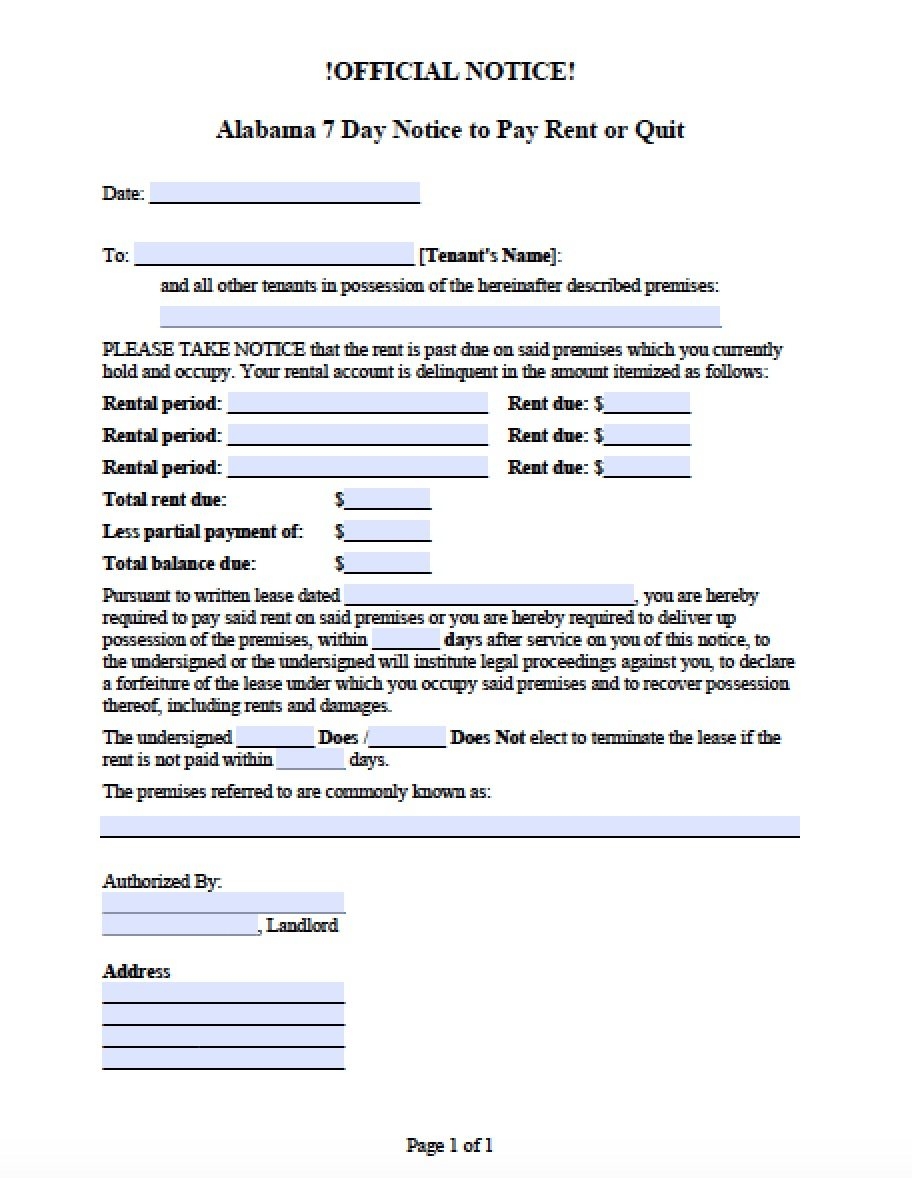 Free Alabama Eviction Notices 7 And 30 Day Notices To Quit