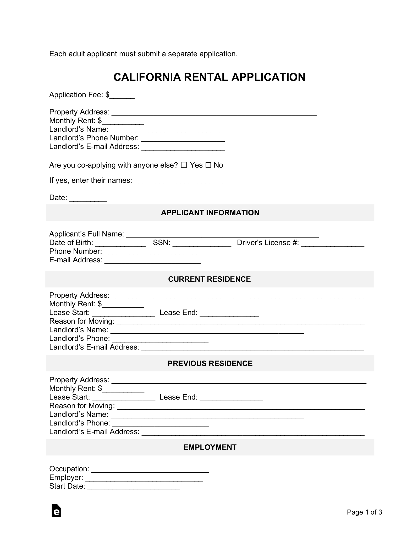 Free Printable Rental Applications