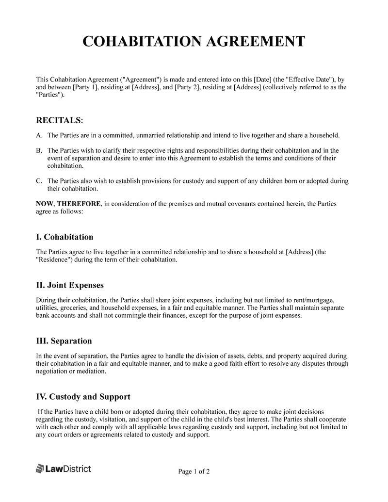 Free Cohabitation Agreement Template Relationship Agreement LawDistrict