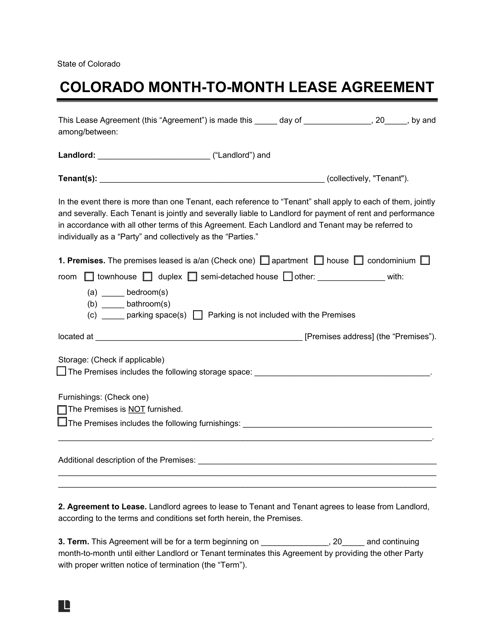 Free Colorado Month to Month Rental Agreement PDF Word