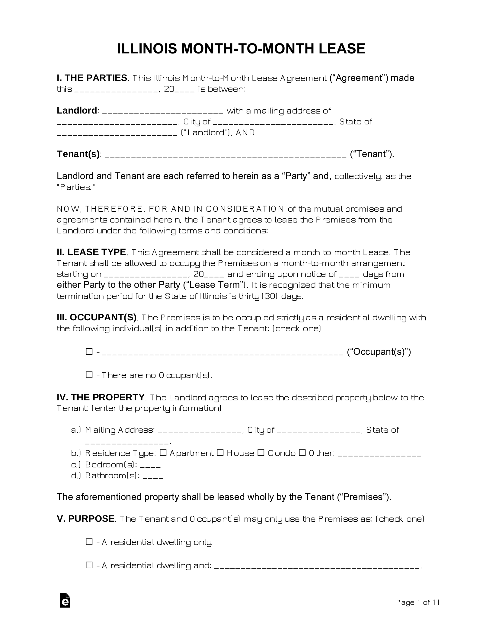 Free Illinois Month to Month Lease Agreement Template PDF Word EForms