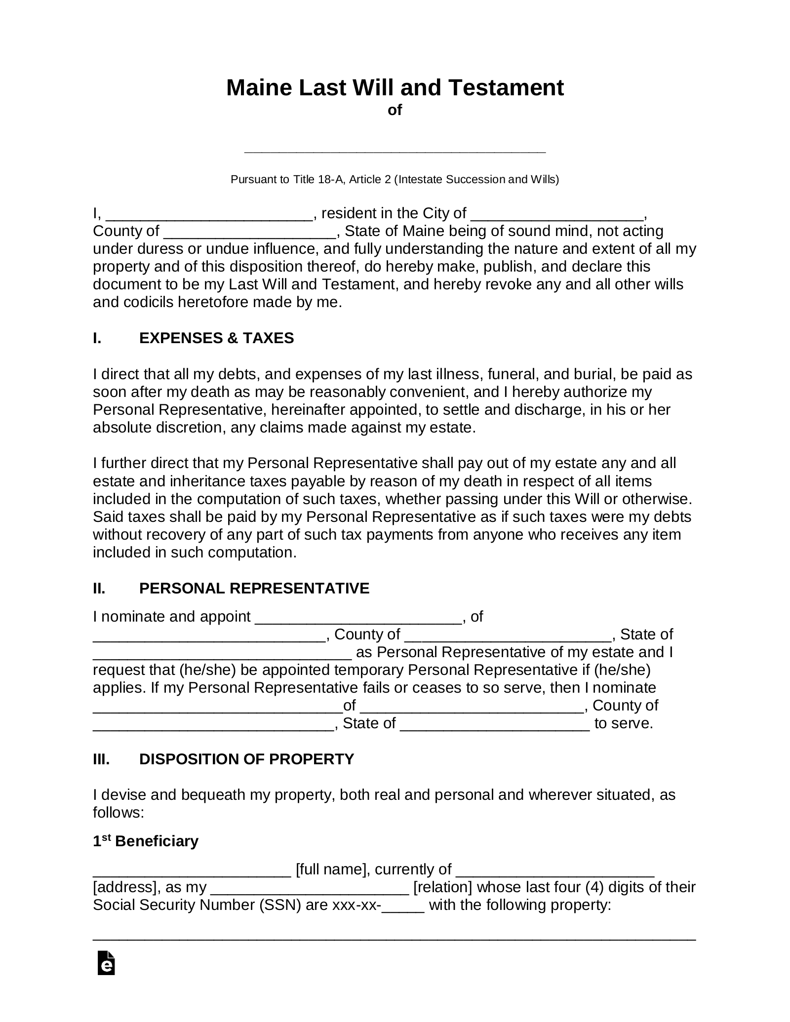 Free Maine Last Will And Testament Template PDF Word EForms