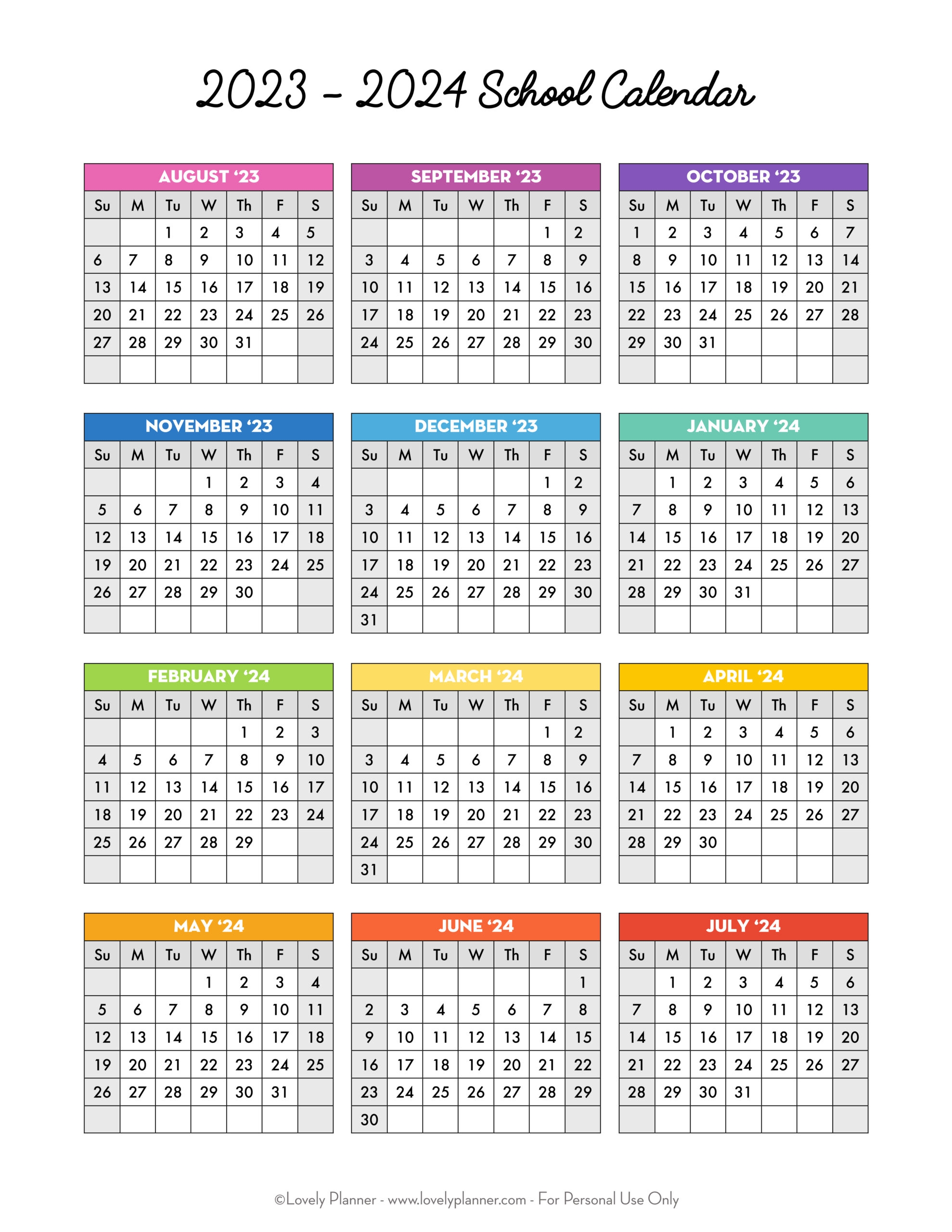 Free Printable 2023 2024 School Calendar One Page Academic Calendar Lovely Planner