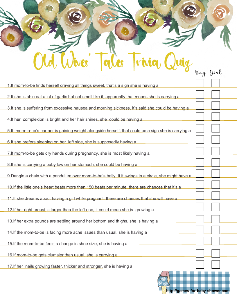 Free Printable Baby Shower Old Wives Tales Trivia Quiz