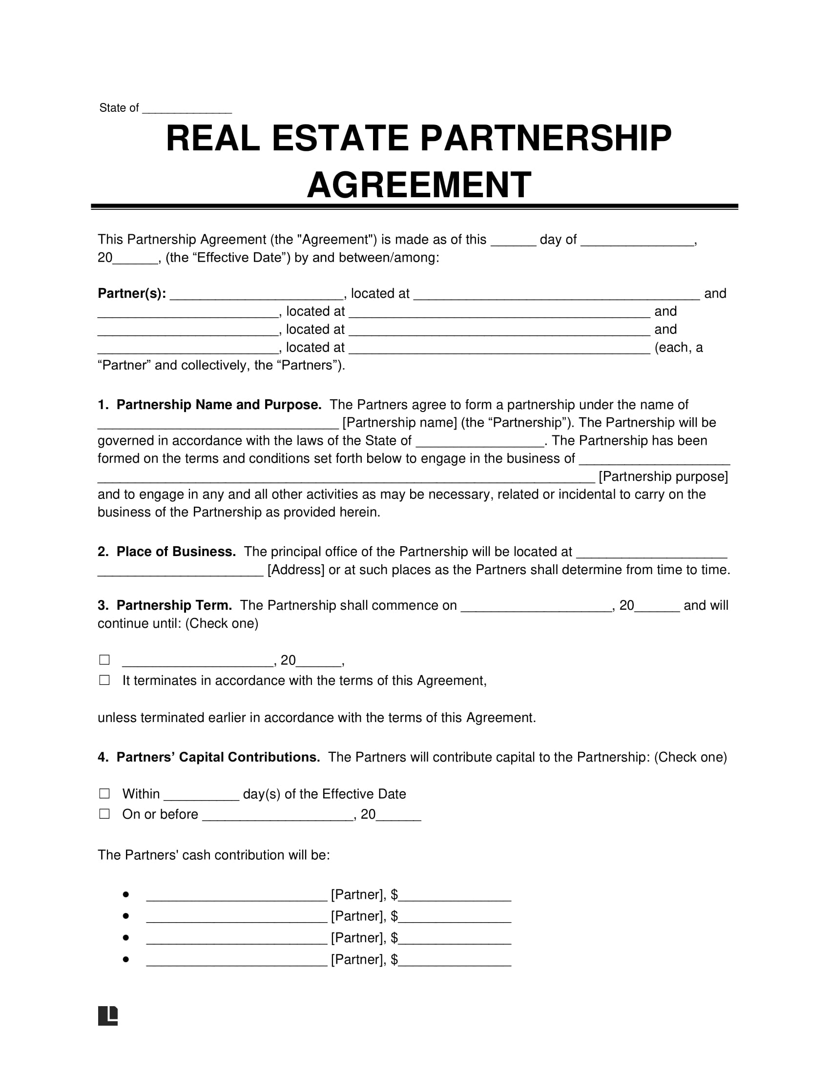 Partnership Agreement Blank Printable Free