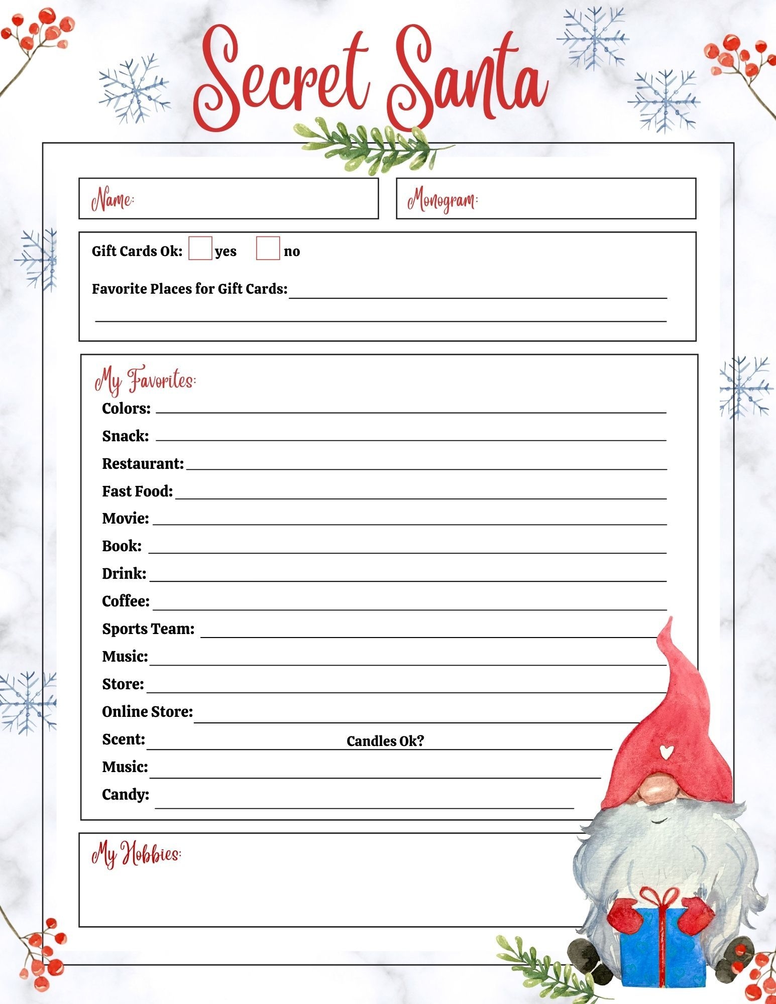 FREE Secret Santa List Printable Questionnaire 2 Options 