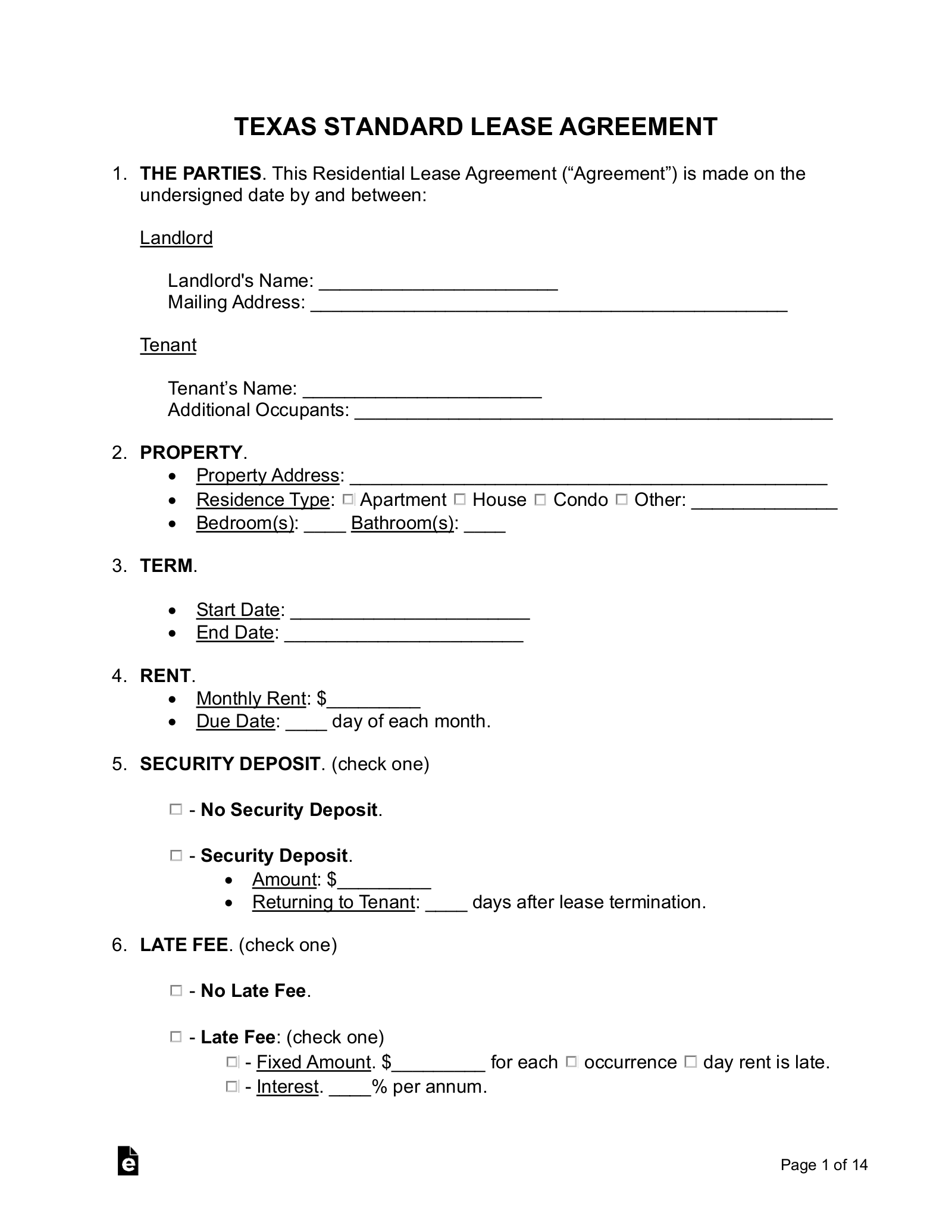 Free Texas Standard Residential Lease Agreement PDF Word EForms