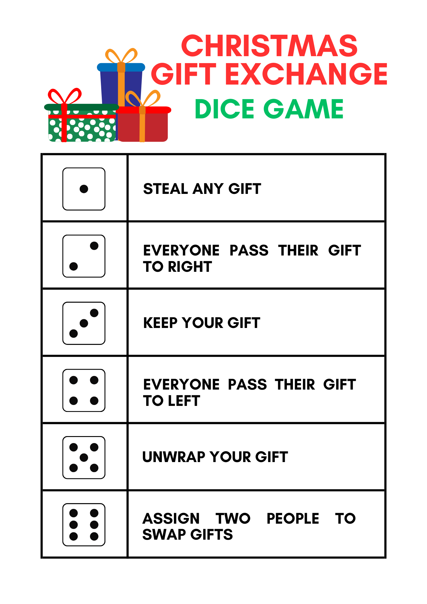 Free White Elephant Gift Exchange Dice Christmas Printable Xoxoerinsmith