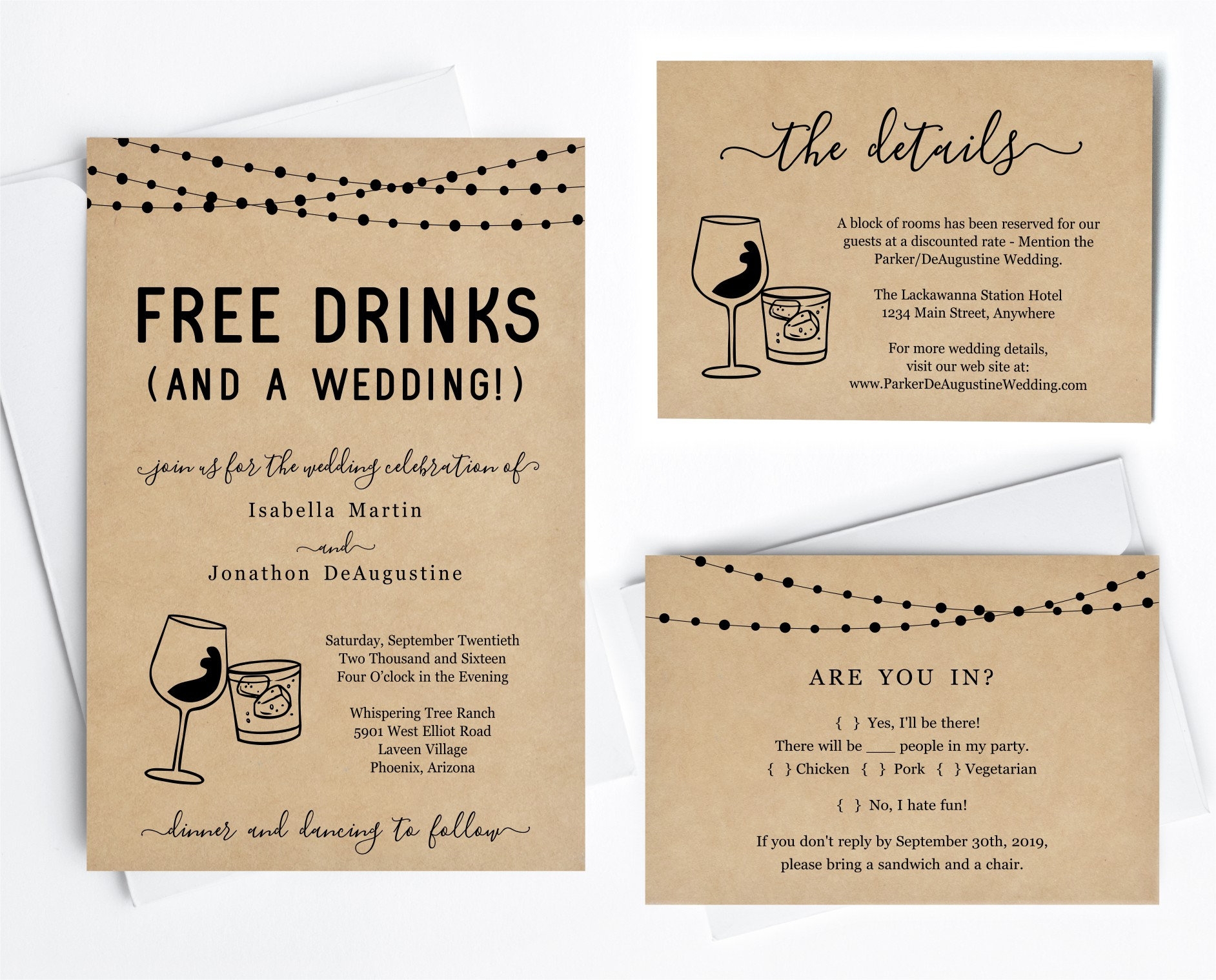 Funny Wedding Invitation Template Free Drinks Fun Printable Set Rustic Kraft Paper Instant Download Digital File PDF Suite Wine Cocktail Etsy