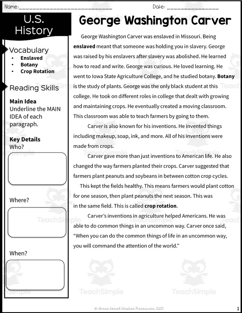 George Washington Carver Reading Packet Texas Social Studies By Teach Simple