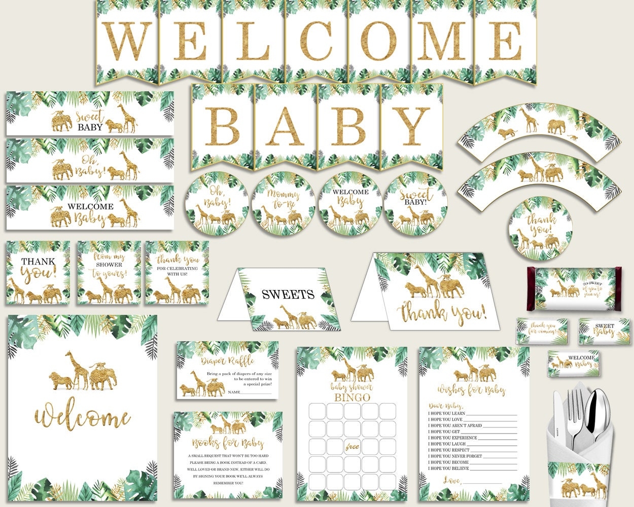 Gold Green Baby Shower Decorations Gender Neutral Kit Jungle Baby Shower Party Package Printable Instant Download Tropical Animals EJRED Etsy