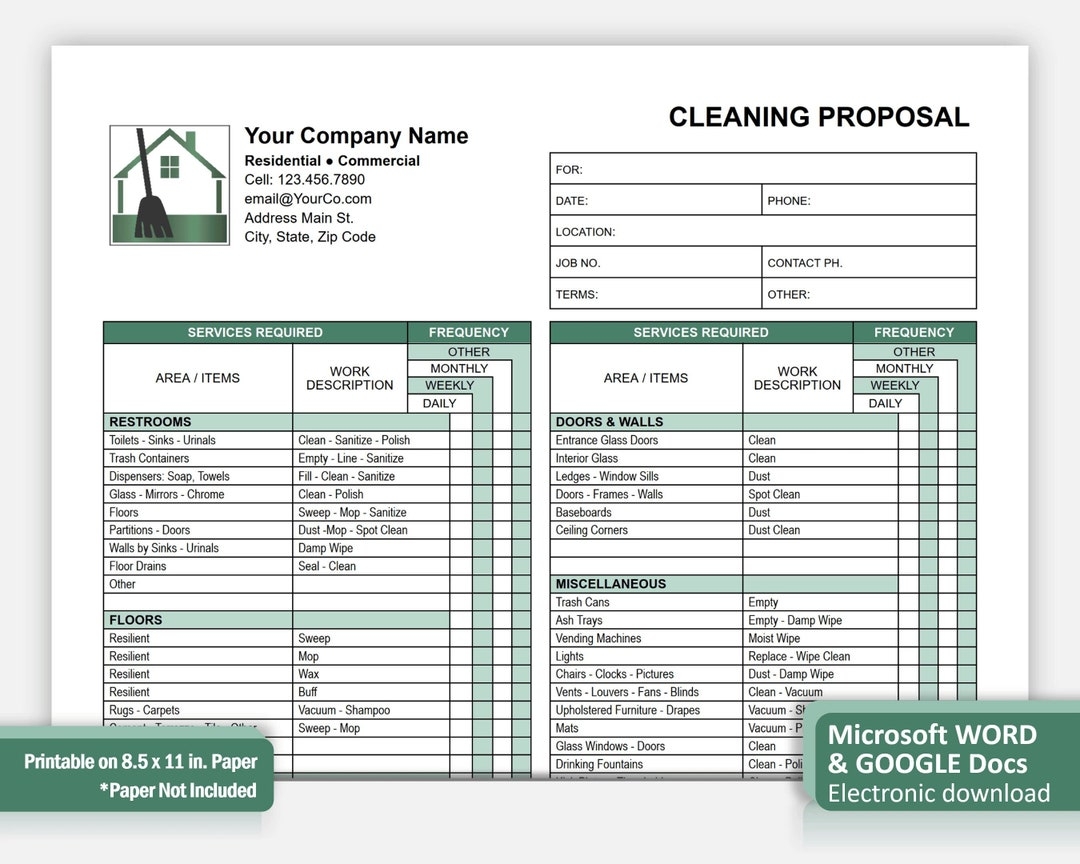 Green Cleaning Proposal Template WORD Commercial Cleaning Checklist Best Fillable Editable Google Docs Cleaning Service Proposal Etsy