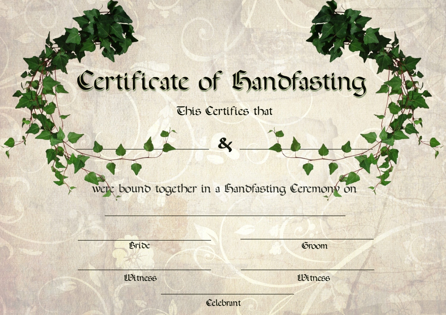 Green Ivy Handfasting Certificate Celtic Pagan 0 With Background Option 3 Bride And Groom Etsy