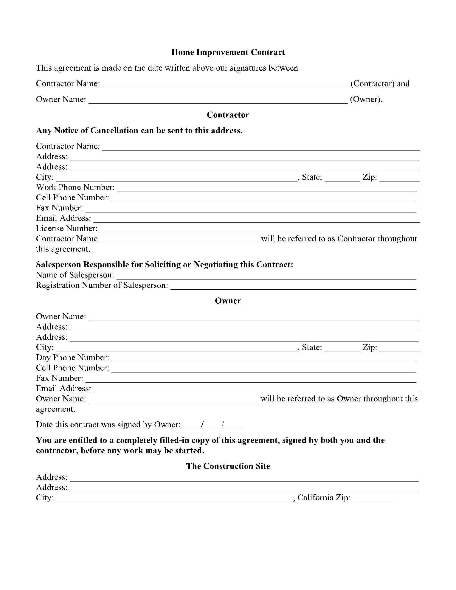 Home Improvement Contract Template Free Sample 2021 