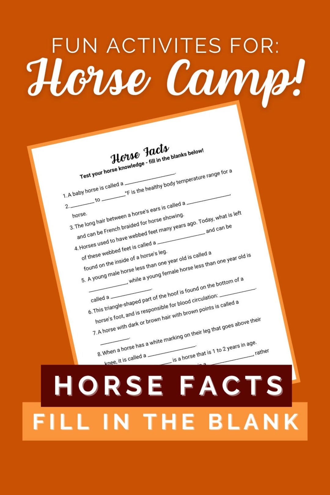 Horse Facts Worksheet Fill In The Blank Etsy