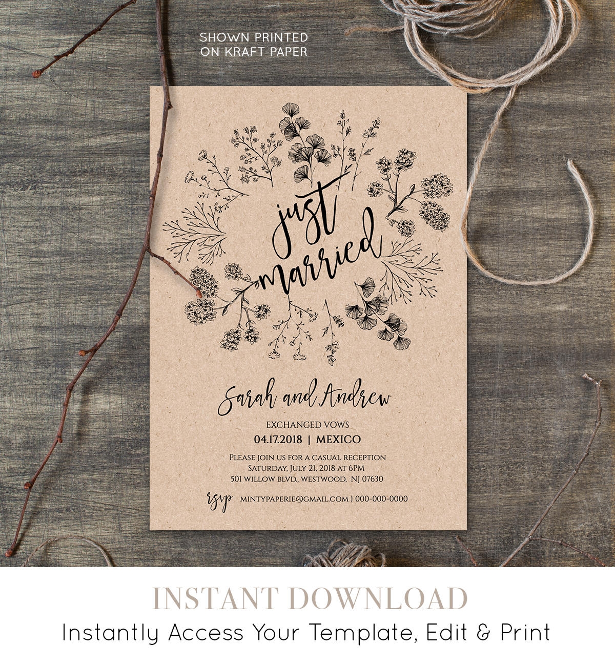 Just Married Elopement Invitation Template Printable Rustic Wedding Elopement Announcement Instant Download Fully Editable 018 101EL